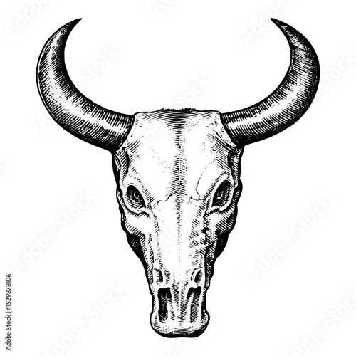 Bull skull with horns in a woodcut style in black and white