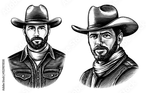 Bearded cowboy in a hat, full-face and three-quarter portrait, black and white vector illustration