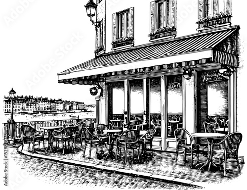 Black and white sketch of a European street cafe