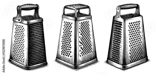 black and white box graters in a vintage woodcut style for kitchen food preparation.