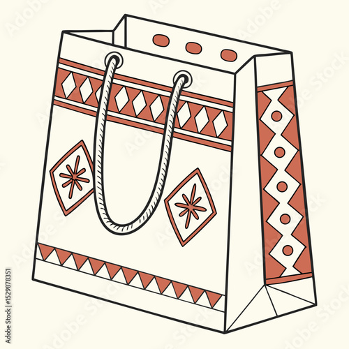 Stylish decorative shopping bag illustration, ethnic pattern design, retail packaging concept