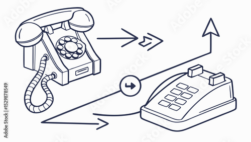 Telephone evolution illustration, line art design, communication technology transition theme