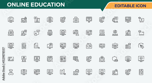 Online Education icon set. Icons for UI designs. Editable vector. Pixel perfect. Learning icon. Included computer, learning, school, academy, tutorial, training and more.