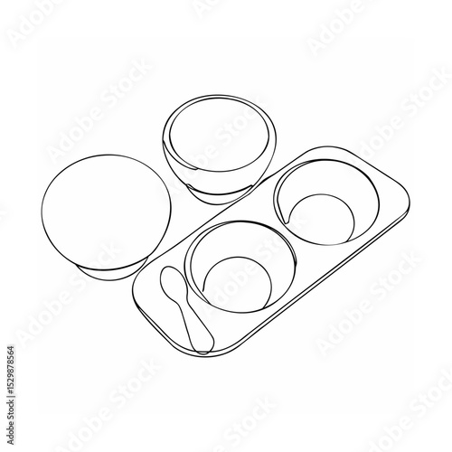 Minimalist line drawing illustration of food serving dishware including bowl and tray with spoon