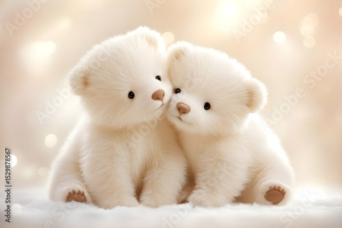 Adorable image of two fluffy white bear cubs cuddling on a soft snowy surface