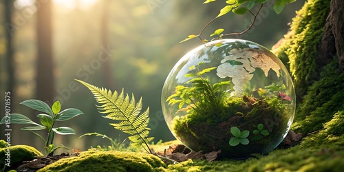 Lush Green Foliage and Moss A Glass Globe Encapsulating Earth's Beauty