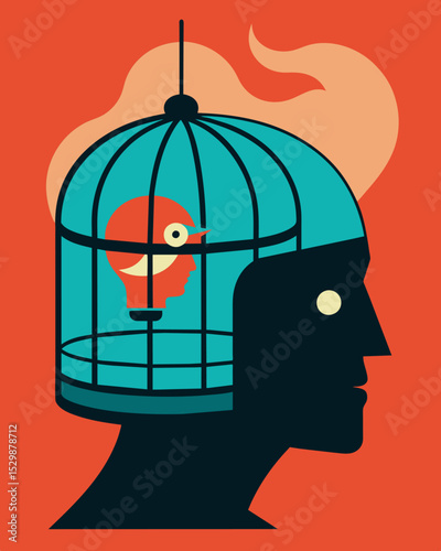 The helmet was like a cage for the mind ping and controlling the persons thoughts and actions.. Vector illustration