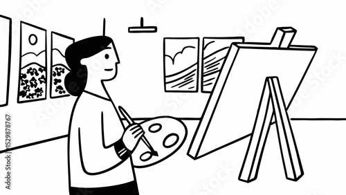 Artist painting in art gallery, line art illustration, creativity and expression theme