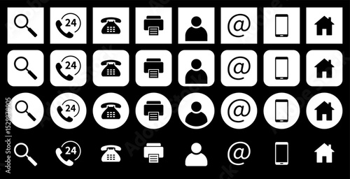 Set of contact icons. Profile, email, cell phone and address. Search, 24 hour support, phone and fax. Set of white round and square icons on a black background