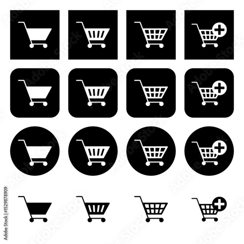 Set of shopping cart icons. Set of black and white round and square icons.