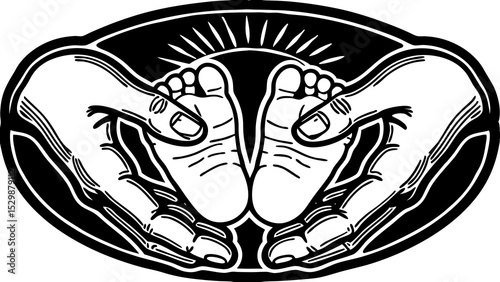 Caring hands holding baby feet, black and white vector art, maternal love, newborn care