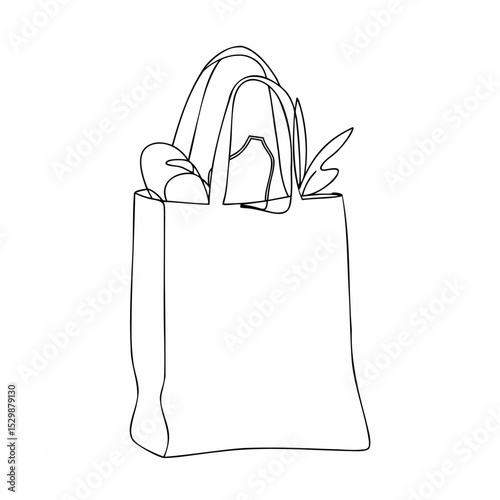 Minimalist line drawing of a shopping bag with groceries and food items inside