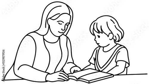 Mother reading with child, line illustration, educational bonding moment, literacy development