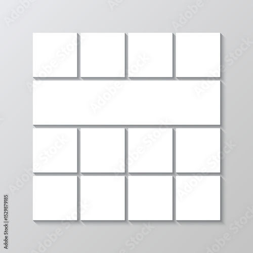 Album moodboard template. Scrapbook brandboard grid. Photo collage square background. Portfolio images mockup. Mood board layout. Gallery banner. Mosaic picture frame. Vector illustration