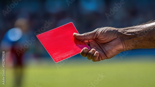 Close-up of a hand holding a red card, signifying a player's expulsion from a sports game.