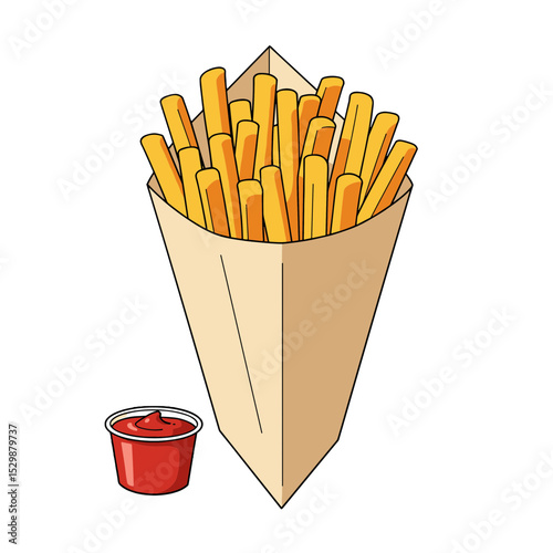 Illustration of Cone of crispy fries with ketchup on the side