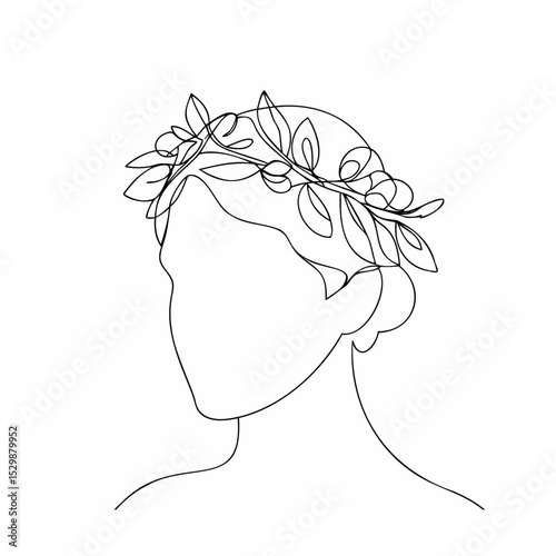 Elegant minimalist line art illustration of a person adorned with a laurel wreath