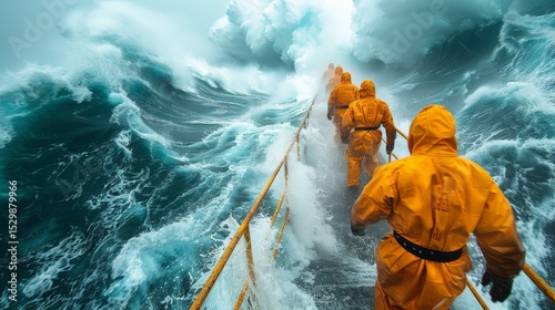 This dramatic image captures an adventurous crew navigating through towering waves at sea, conveying elements of bravery, challenge, and the raw power of nature.