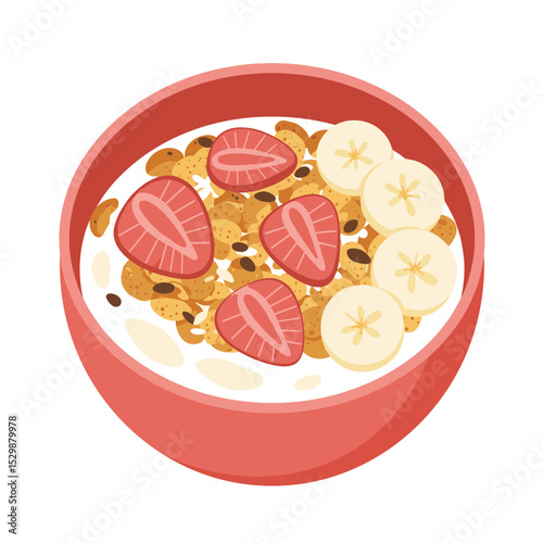 Illustration of Bowl of cereal with milk and fruits