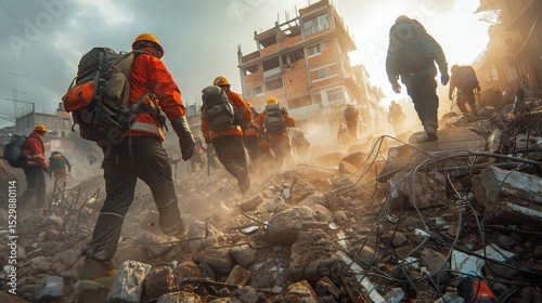 Rescue workers navigate through rubble after an urban earthquake, showcasing bravery and dedication while highlighting the human spirit's resilience in the face of disaster. photo