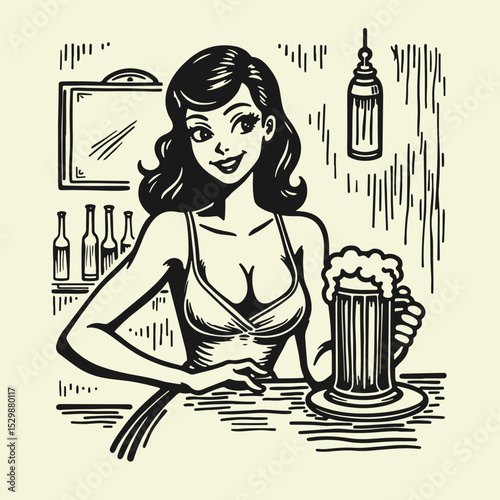 Black and white flat vector illustration of a sexy female bartender with deep neckline serving beer in a glass mug at the bar. Vintage logo-style, ideal for pub or Oktoberfest design.