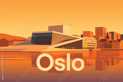 Oslo Opera House and Sunset Over Harbour.eps