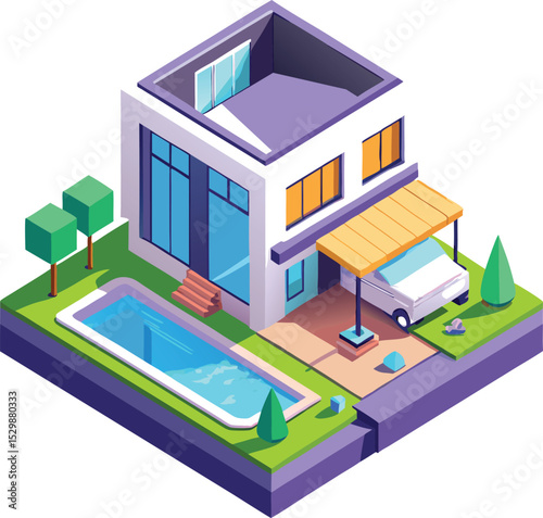 isometric view of a modern building, 3d rendering of modern cozy house with parking and pool, modern house, isometric view of a modern building