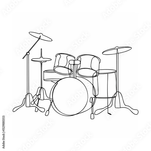 Minimalist one line drawing of a drum kit music instrument isolated on white background