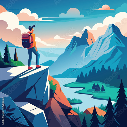 mountain landscape with a man, climbing mountains the traveler on the top