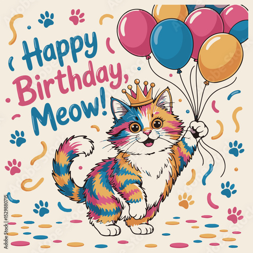 Happy Birthday Meow Colorful Cat with Balloons Crown Pastel Background kitten party