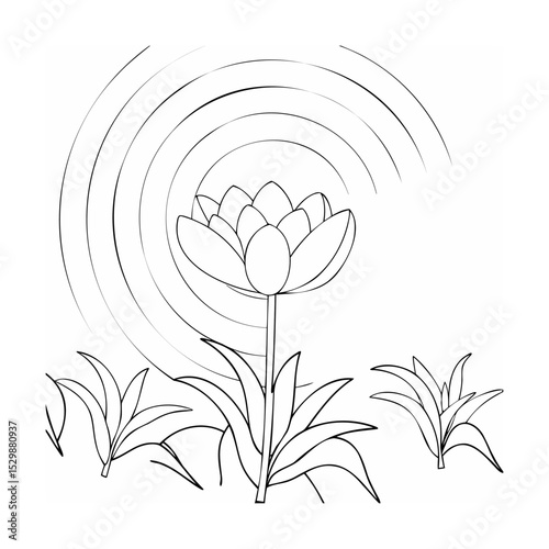 Delicate hand drawn lotus flower with radiating circles and decorative foliage isolated