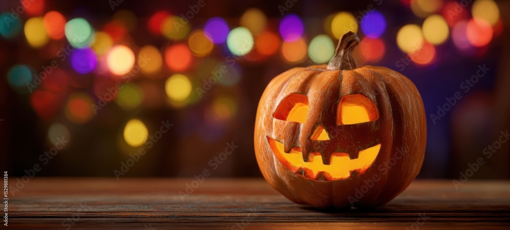 Fototapeta premium The spooky jack-o'-lantern glowing amidst colorful bokeh lights.