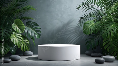 Minimalist Tropical Product Display with White Cylinder Podium and Lush Greenery