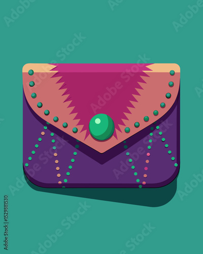A chic clutch purse made from recycled leather scraps featuring oneofakind stitching and embellishments.. Vector illustration