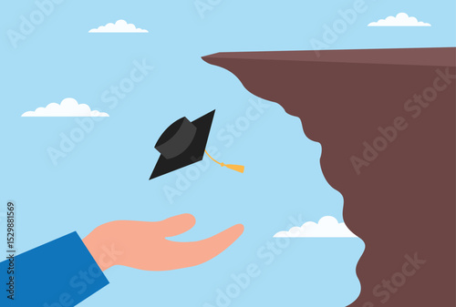 Vector illustration of a graduation cap falling from a cliff, with a protective hand reaching out to save it, symbolizing support, guidance, and preserving educational success
