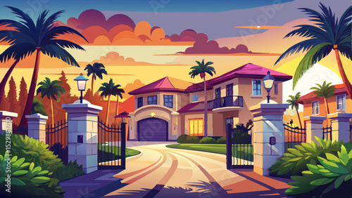 gated community, residential architecture, south florida, soft light, sunset glow, palm trees, retirement homes, inviting ambiance, florida landscape,