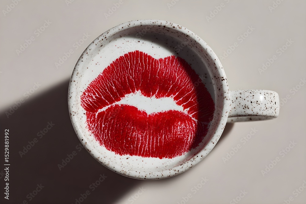 © Natalia - Close-up of a coffee cup with a red lipstick kiss mark on the rim. Captures the essence of romance and casual intimacy, ideal for themes involving love, affection, and morning coffee rituals. © Natalia - Close-up of a coffee cup with a red lipstick kiss mark on the rim. Captures the essence of romance and casual intimacy, ideal for themes involving love, affection, and morning coffee rituals.