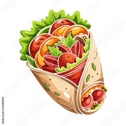 Delicious shawarma wrap with fresh vegetables and meat, tasty kebab roll, fast food, pita bread