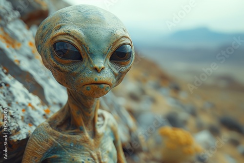 A detailed alien figure sits contemplatively on rocky terrain in a vast and desolate desert landscape, invoking curiosity about life beyond Earth and the mysteries of the universe.