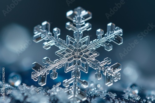 A macro shot of an exquisite snowflake, intricately detailed, rests on a soft flurry background, symbolizing the delicate beauty and uniqueness of winter's artistry.