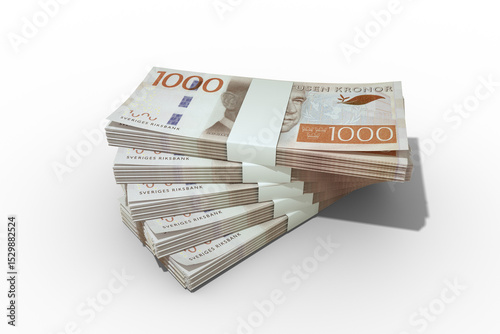 3d rendering of Stack of 1000 Swedish Krona notes. Few bundles of Swedish Krona currency isolated on transparent background.