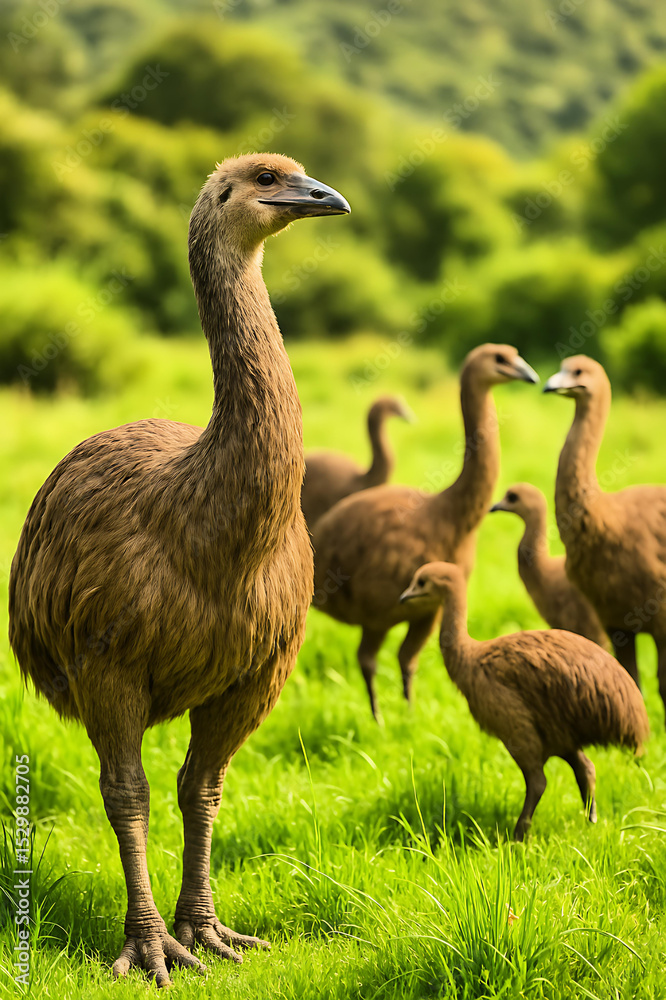 Obraz premium Extinct Moa Bird Flock Discovering a Lush Grassland