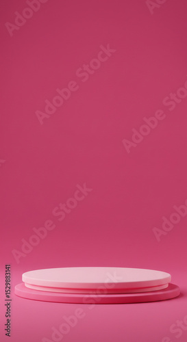 Pink podium with a rectangular backdrop on a rich pink background. Monochromatic stage providing a bold, chic display. Perfect for beauty, fashion, or Valentine's Day themes.