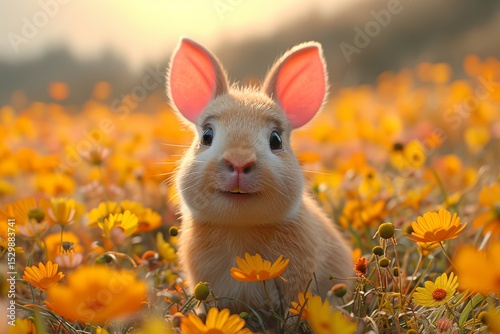 A cute bunny joyfully poses in a field of colorful flowers, epitomizing innocence and beauty found in nature during the warm spring season blooming.