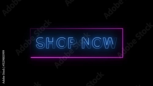 shop now Neon Text Animation, on black screen 4k video.