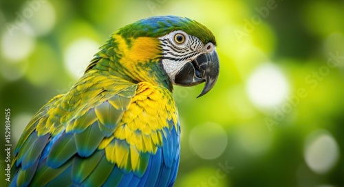 A close up of a macaw parrot with green blue and yellow feathers against a blurred green background