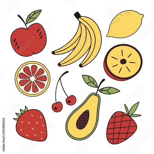 Vibrant Fruit Illustration Apples, Bananas, Lemons, and More!