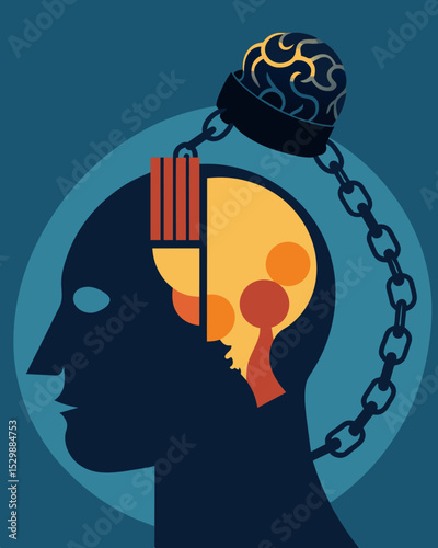 The mind is a prisoner to its own thoughts bound by unbreakable metal shackles.. Vector illustration