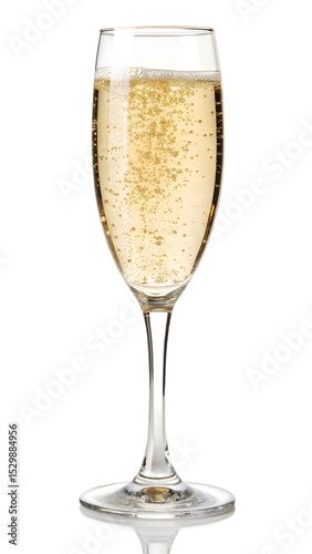 Bubbling golden champagne in tall flute glass 