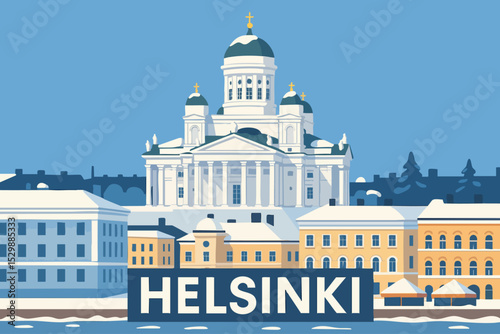 Helsinki Cathedral Winter View with Market Square